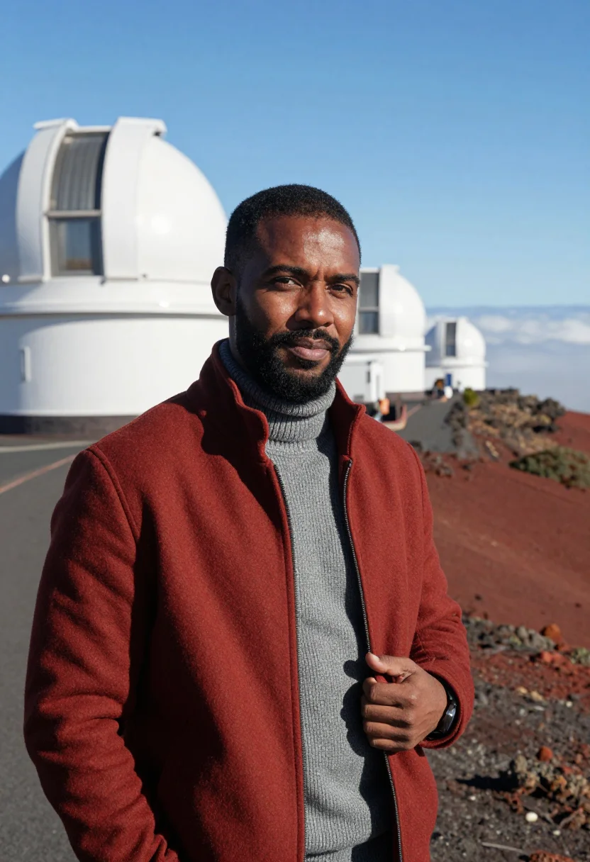AI la palma astronomer domes volcanic red sample — portrait of a man, of Senegalese descent, in his mid-forties