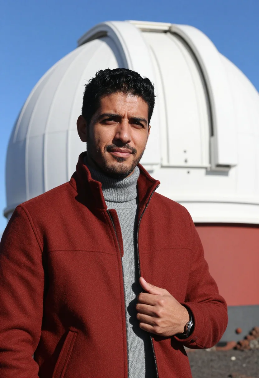 AI la palma astronomer domes volcanic red sample — portrait of a man, of Canarian Spanish descent, in his early