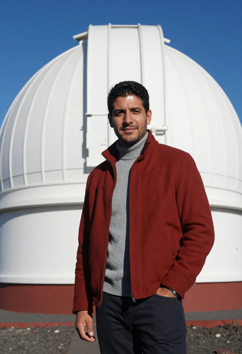 AI la palma astronomer domes volcanic red sample — portrait of a man, of Canarian Spanish descent, in his early