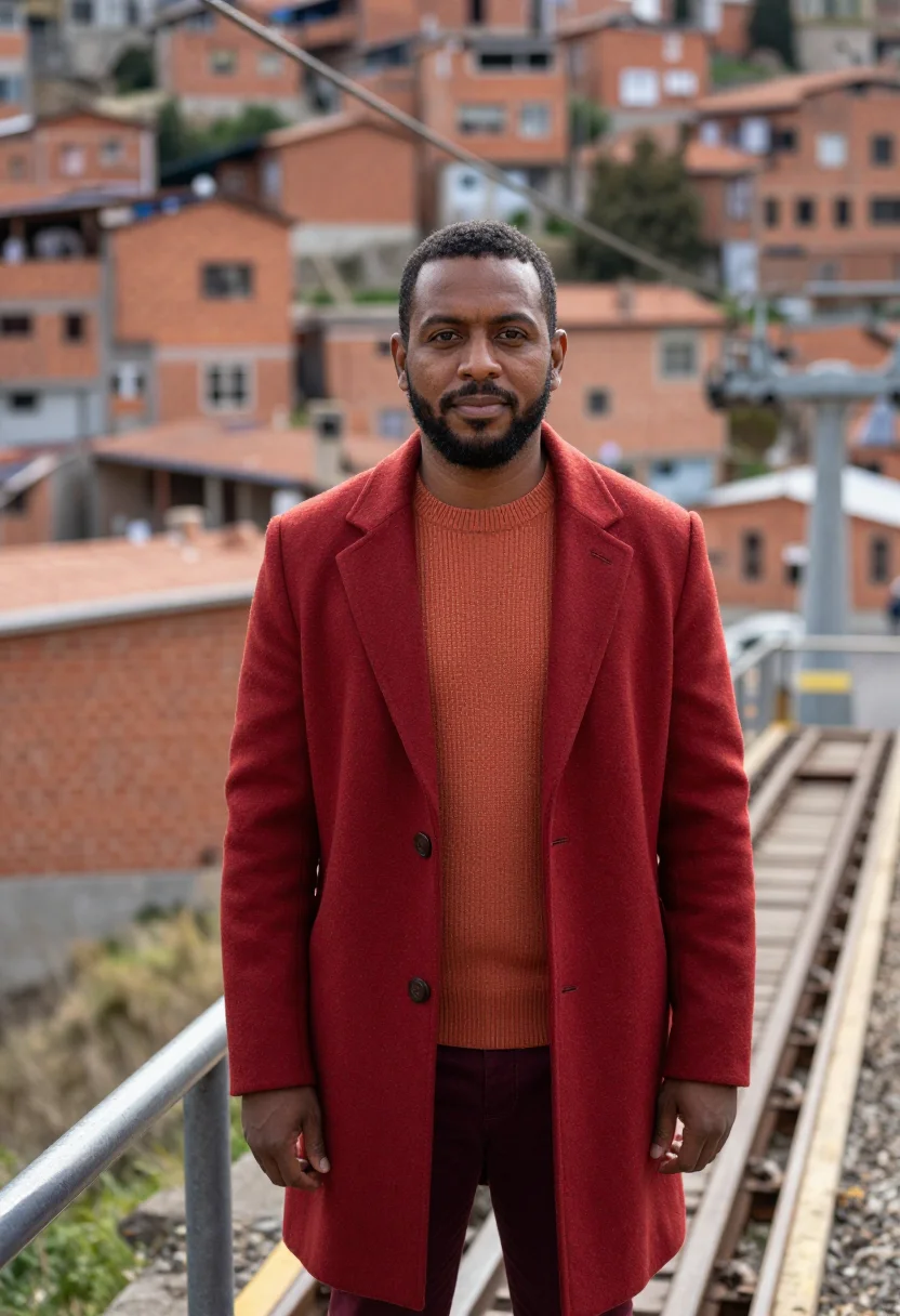 AI la paz urban planner cable car red brick canyon sample — portrait of a man, an Afro-Bolivian urban planner in his lat