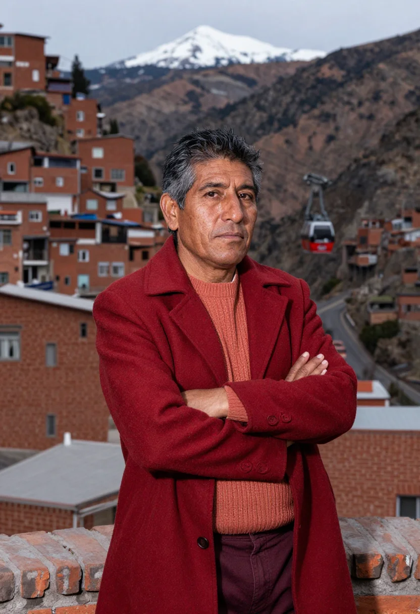 AI la paz urban planner cable car red brick canyon sample — portrait of a man, an Aymara Bolivian urban planner in his e