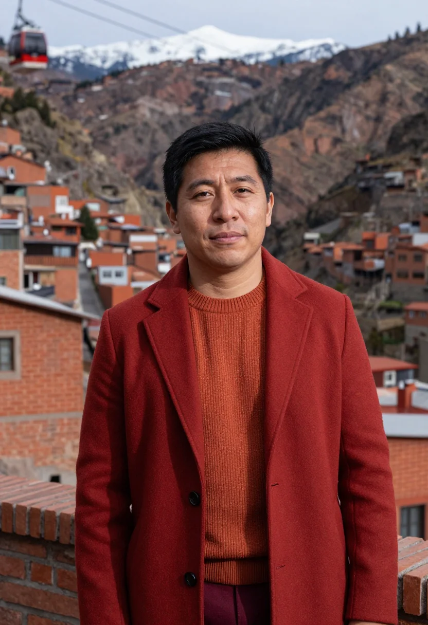 AI la paz urban planner cable car red brick canyon sample — portrait of a man, a Bolivian urban planner of Japanese desc
