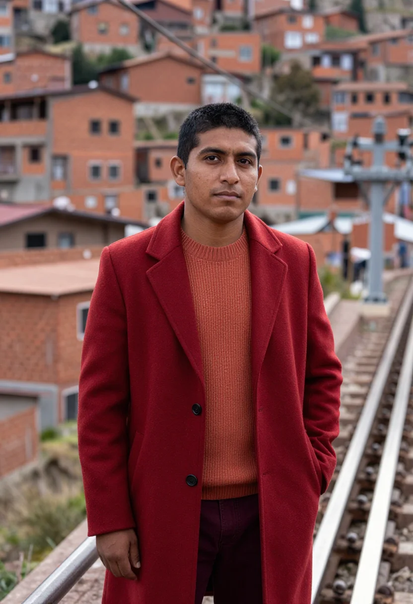 AI la paz urban planner cable car red brick canyon sample — portrait of a man, a Quechua Bolivian urban planner in his l