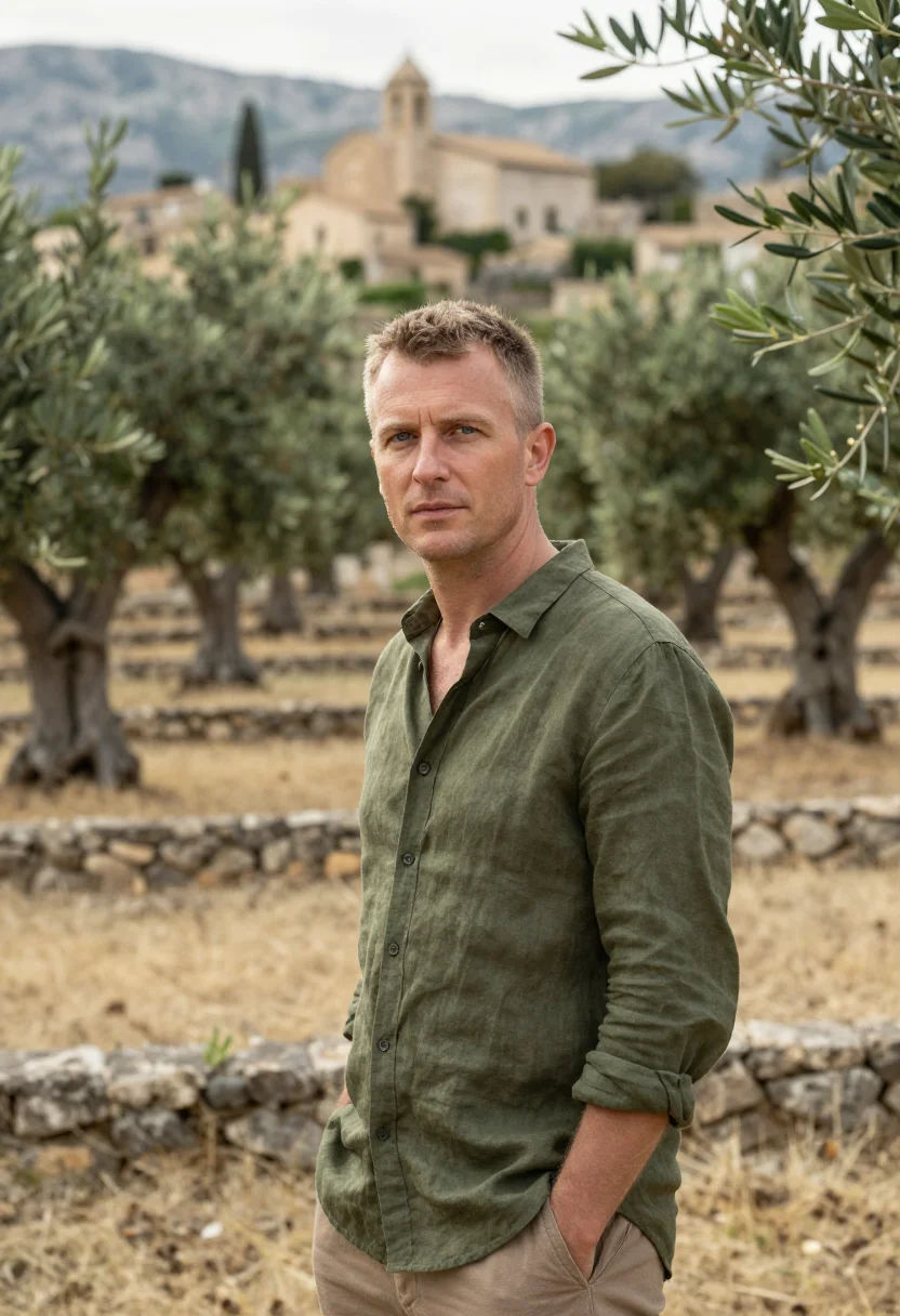 AI la residencia deia mallorca olive stone sample — portrait of a man, a Dutch man in his mid-forties with fair