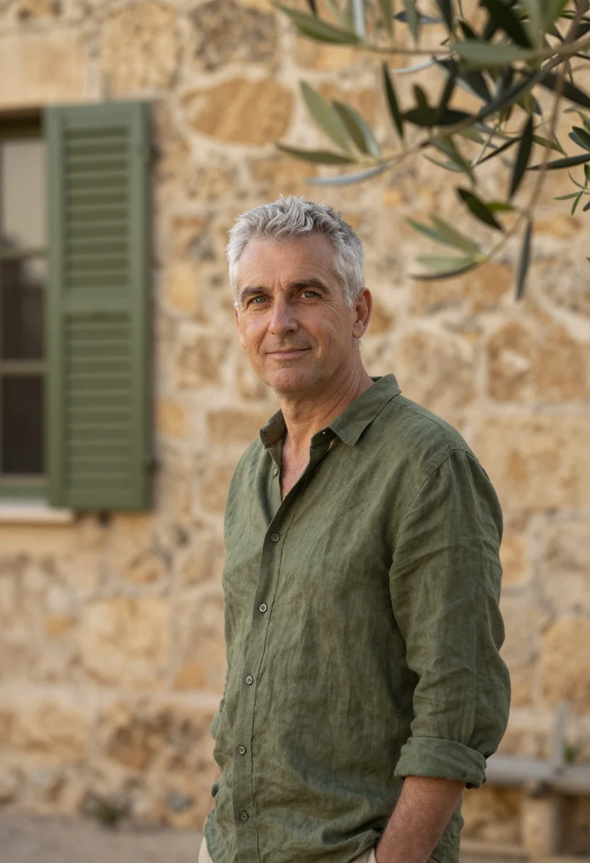 AI la residencia deia mallorca olive stone sample — portrait of a man, a British man in his early fifties with f