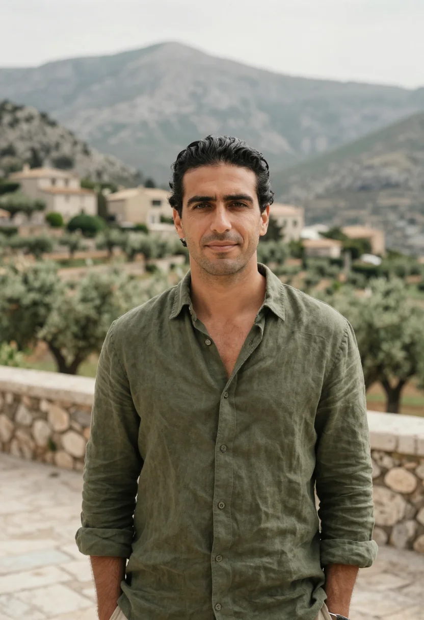 AI la residencia deia mallorca olive stone sample — portrait of a man, an Italian man in his early forties with