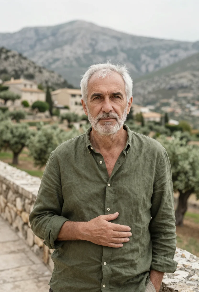 AI la residencia deia mallorca olive stone sample — portrait of a man, a French man in his early sixties with we