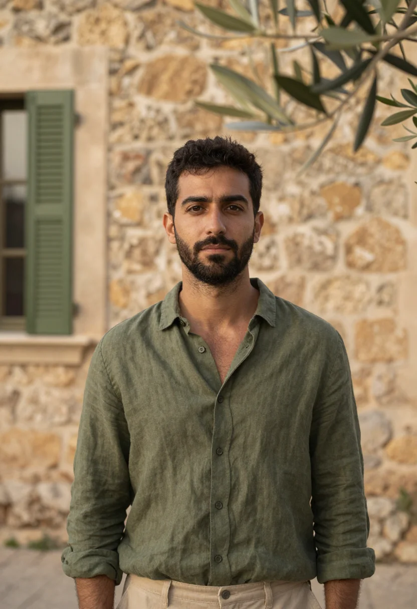 AI la residencia deia mallorca olive stone sample — portrait of a man, a Spanish man in his late thirties with o