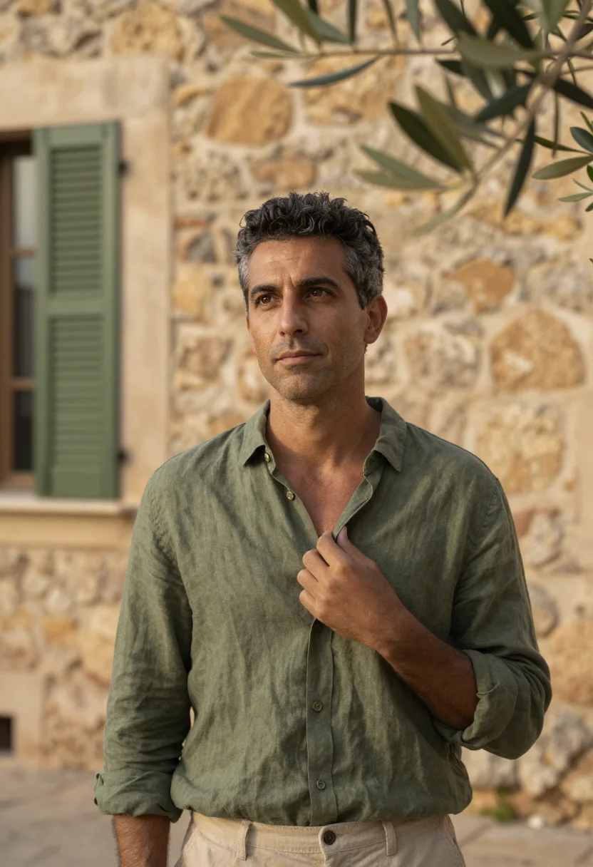 AI la residencia deia mallorca olive stone sample — portrait of a man, a Mallorcan man in his mid-forties with t