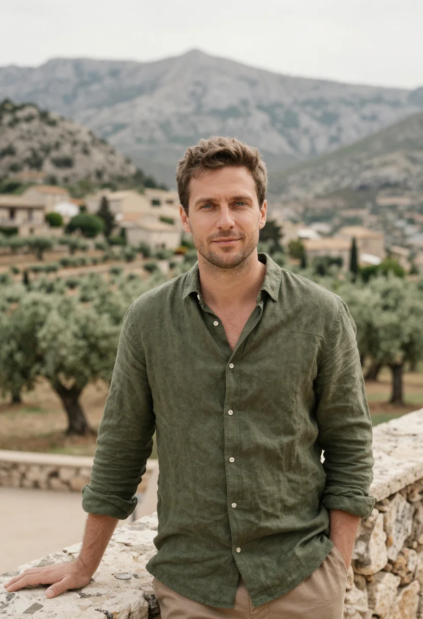 AI la residencia deia mallorca olive stone sample — portrait of a man, a German man in his mid-thirties with fai