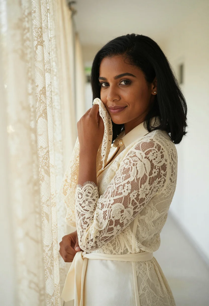 AI lace ivory sample — portrait of a woman, a close chest-up frame, a woman in her