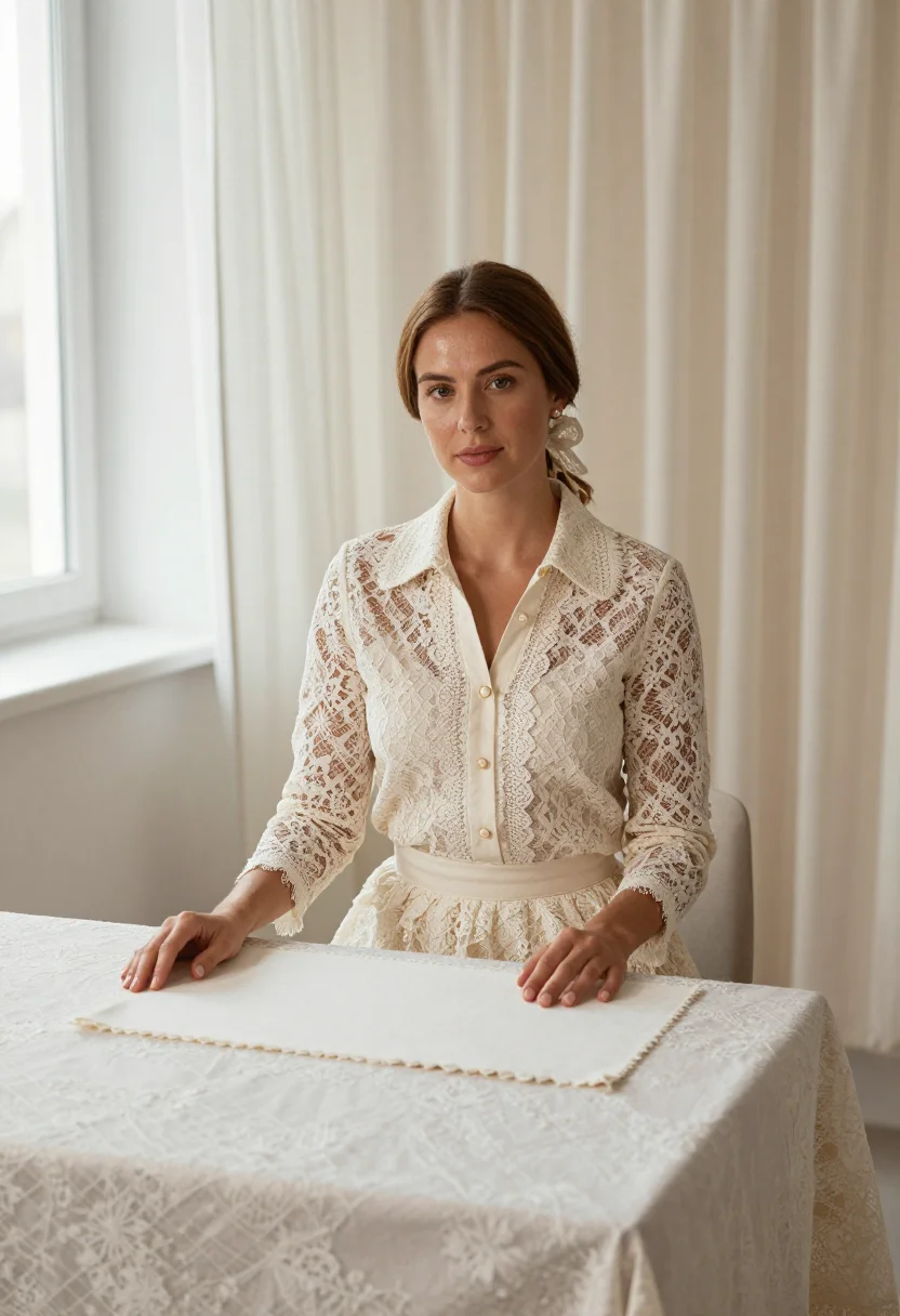 AI lace ivory sample — portrait of a woman, a chest-up frame, a woman in her thirti