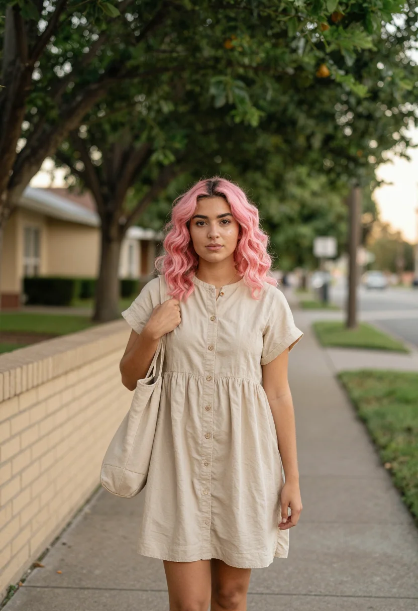 AI lady bird sacramento pink hair thrift sample — portrait of a woman, a Greek-American young woman in her ear