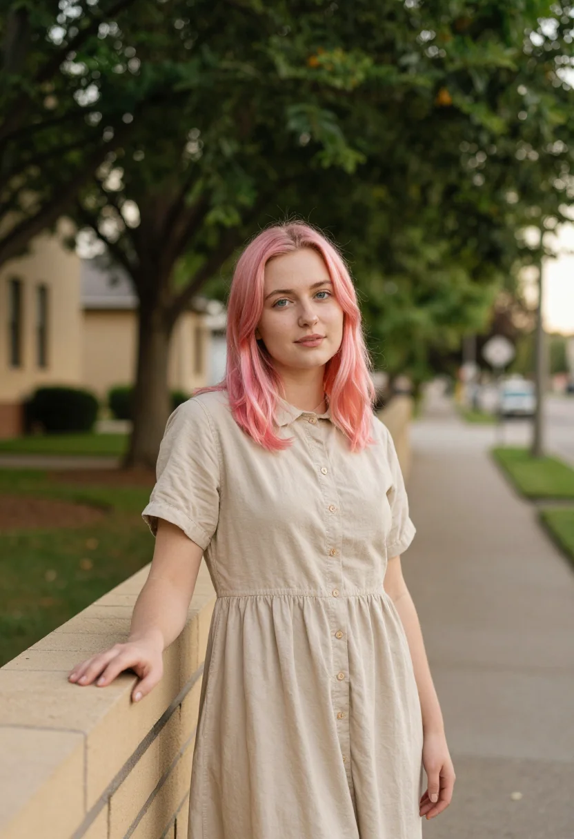 AI lady bird sacramento pink hair thrift sample — portrait of a woman, a Polish-American young woman in her ea