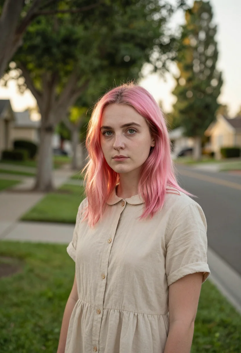 AI lady bird sacramento pink hair thrift sample — portrait of a woman, an English young woman in her early twe