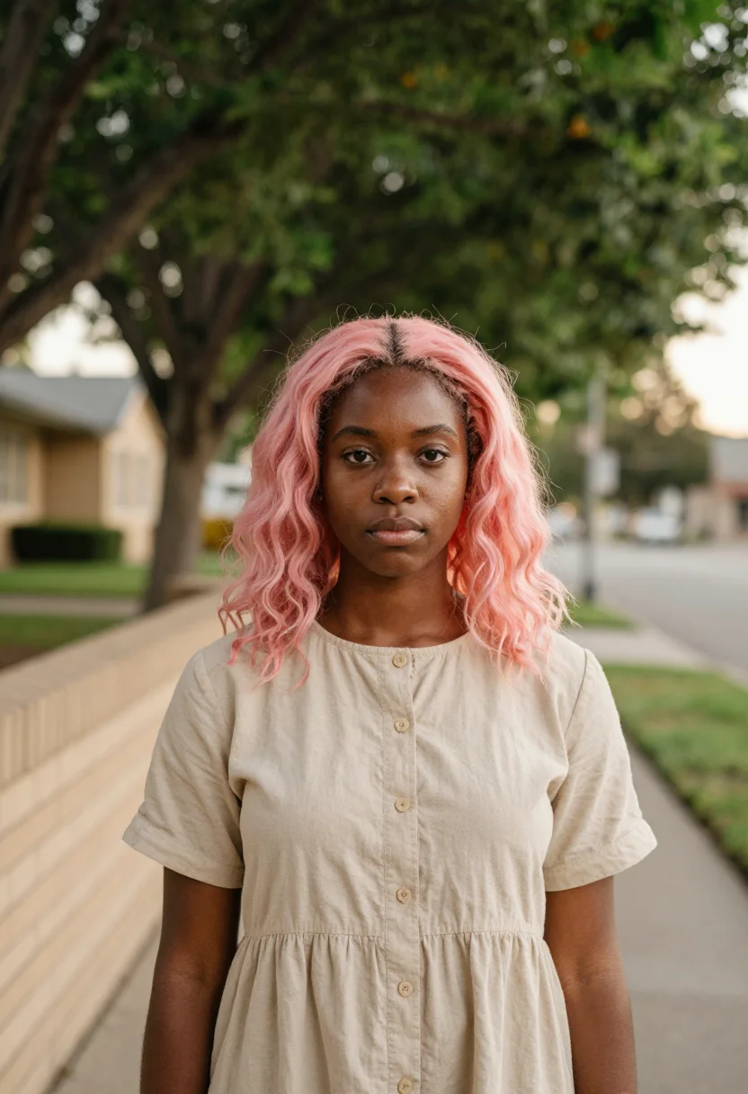 AI lady bird sacramento pink hair thrift sample — portrait of a woman, a Black American young woman in her ear
