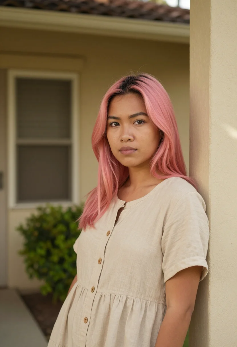 AI lady bird sacramento pink hair thrift sample — portrait of a woman, a Filipino-American young woman in her