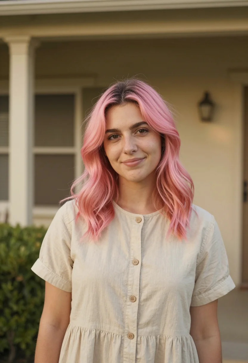 AI lady bird sacramento pink hair thrift sample — portrait of a woman, an Italian-American young woman in her