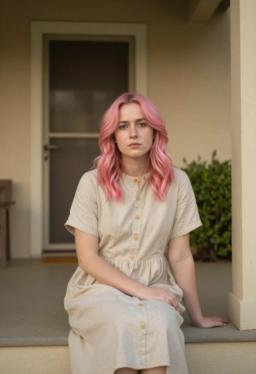 AI lady bird sacramento pink hair thrift sample — portrait of a woman, a German-American young woman in her ea