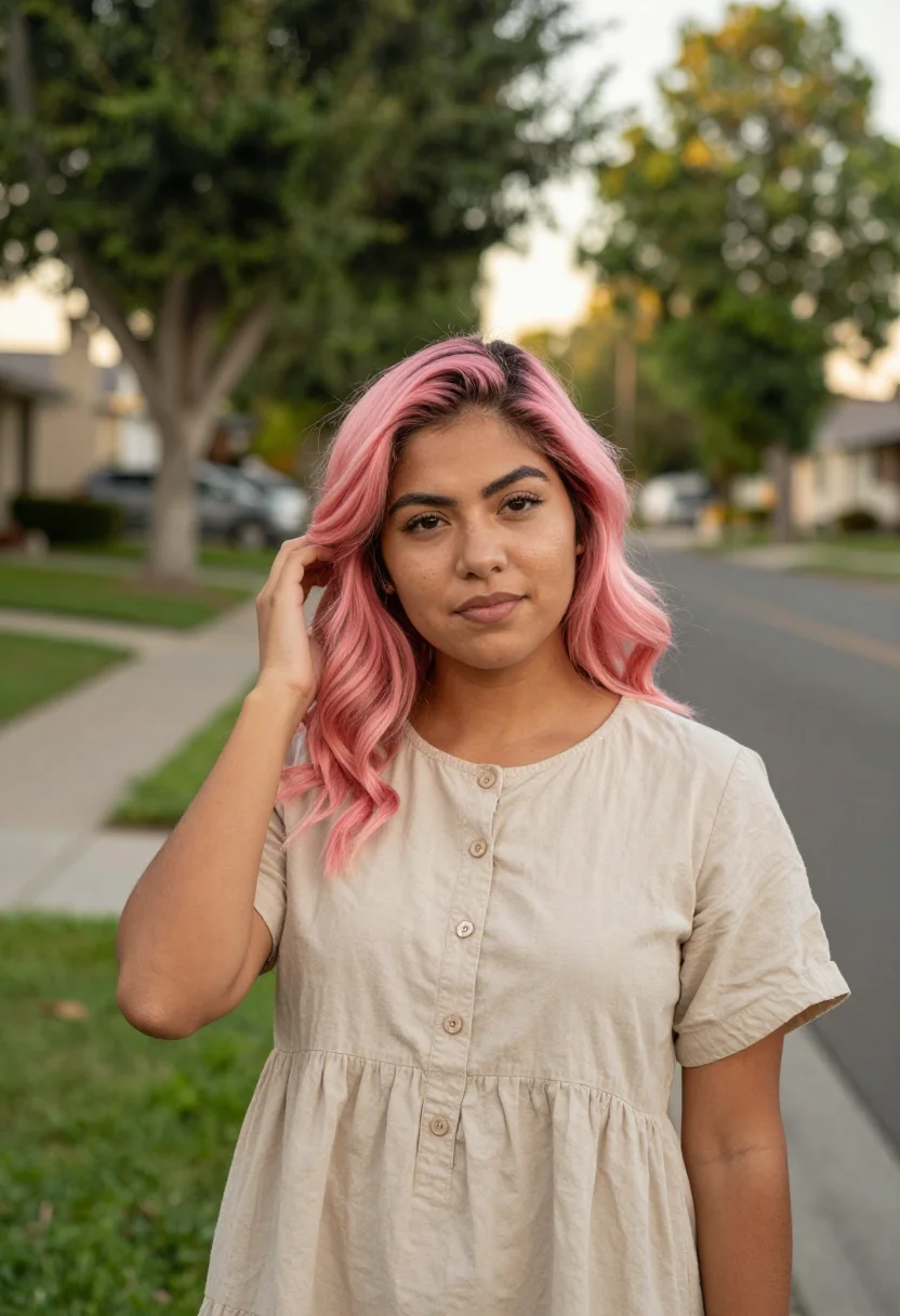 AI lady bird sacramento pink hair thrift sample — portrait of a woman, a Mexican-American young woman in her e