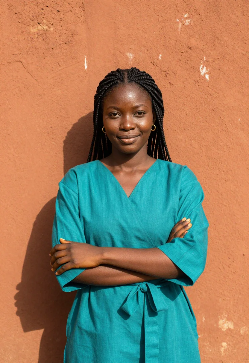 AI lagos lekki fintech terracotta teal sample — portrait of a fintech product manager, chest-up portrait of