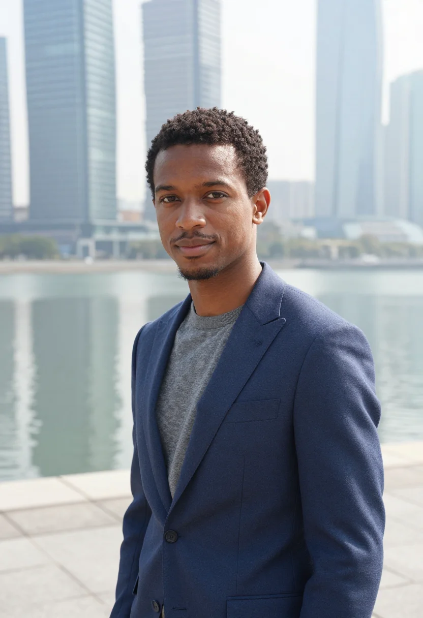 AI lagos tech founder yaba lagoon glass sample — portrait of a man, a British-Nigerian tech founder in his la