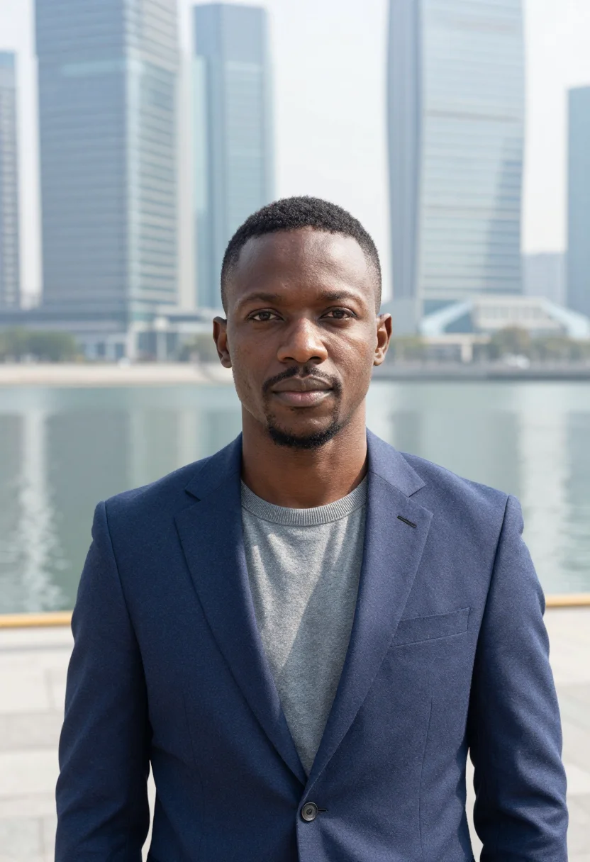 AI lagos tech founder yaba lagoon glass sample — portrait of a man, an Igbo tech founder in his mid-thirties