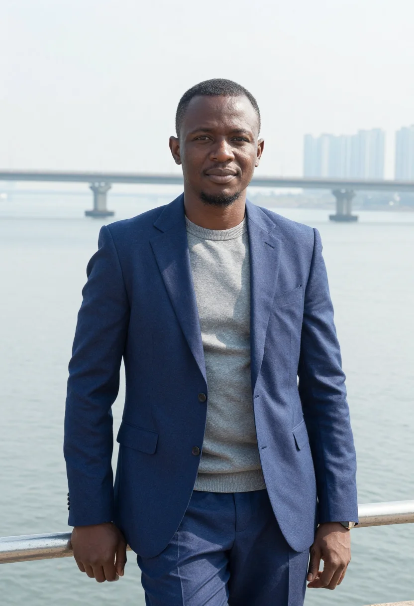AI lagos tech founder yaba lagoon glass sample — portrait of a man, an Ijaw tech founder in his early forties