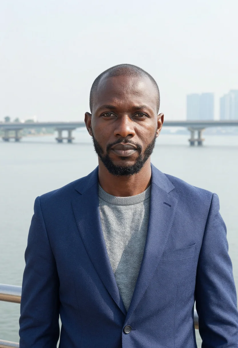 AI lagos tech founder yaba lagoon glass sample — portrait of a man, a Hausa tech founder in his mid-forties w