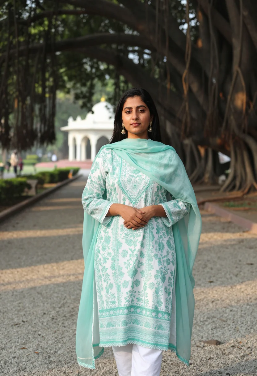 AI lahore lawn sample — portrait of a woman, morning portrait of a Pakistani woman w