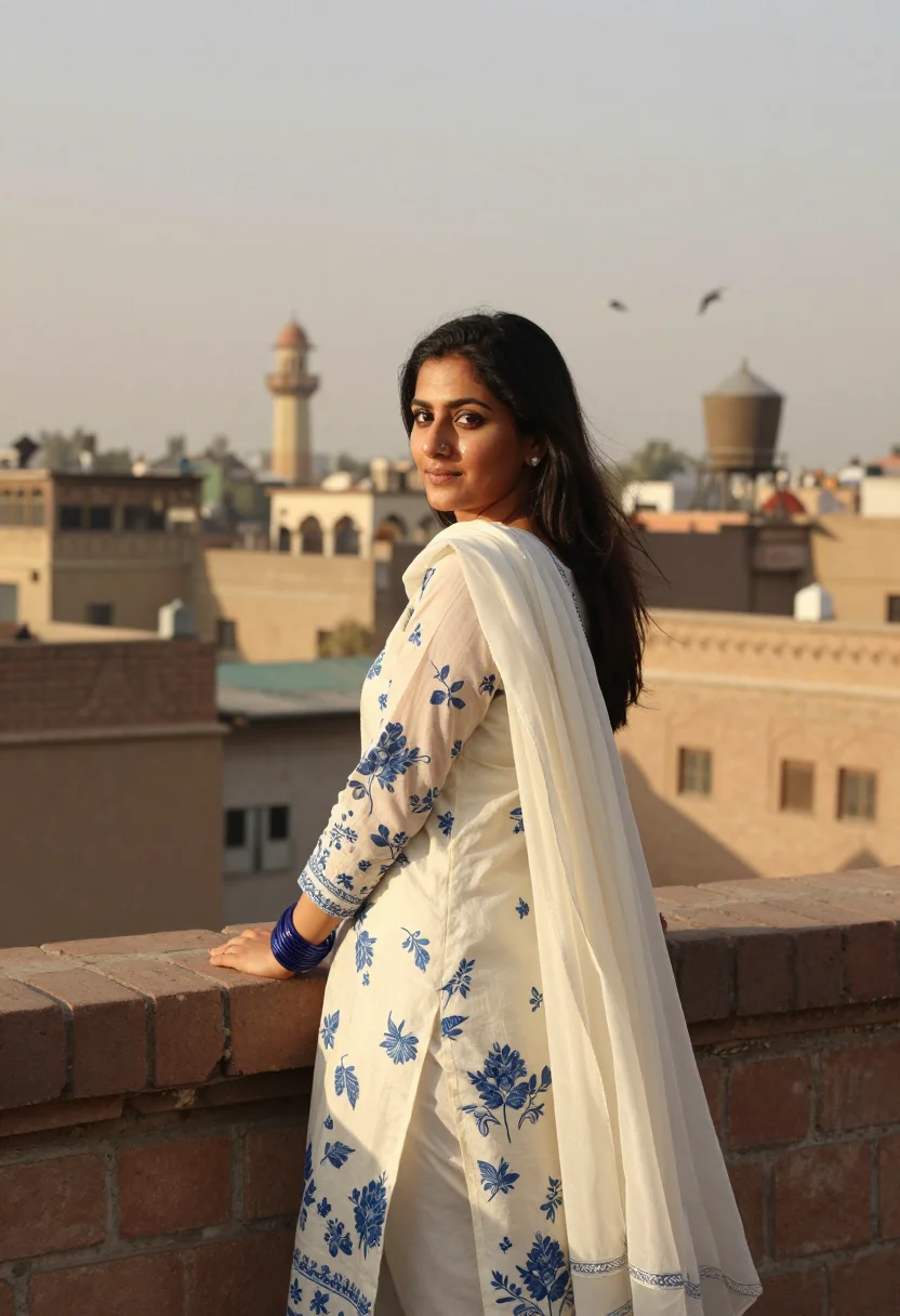 AI lahore lawn sample — portrait of a woman, late-afternoon portrait of a Pakistani