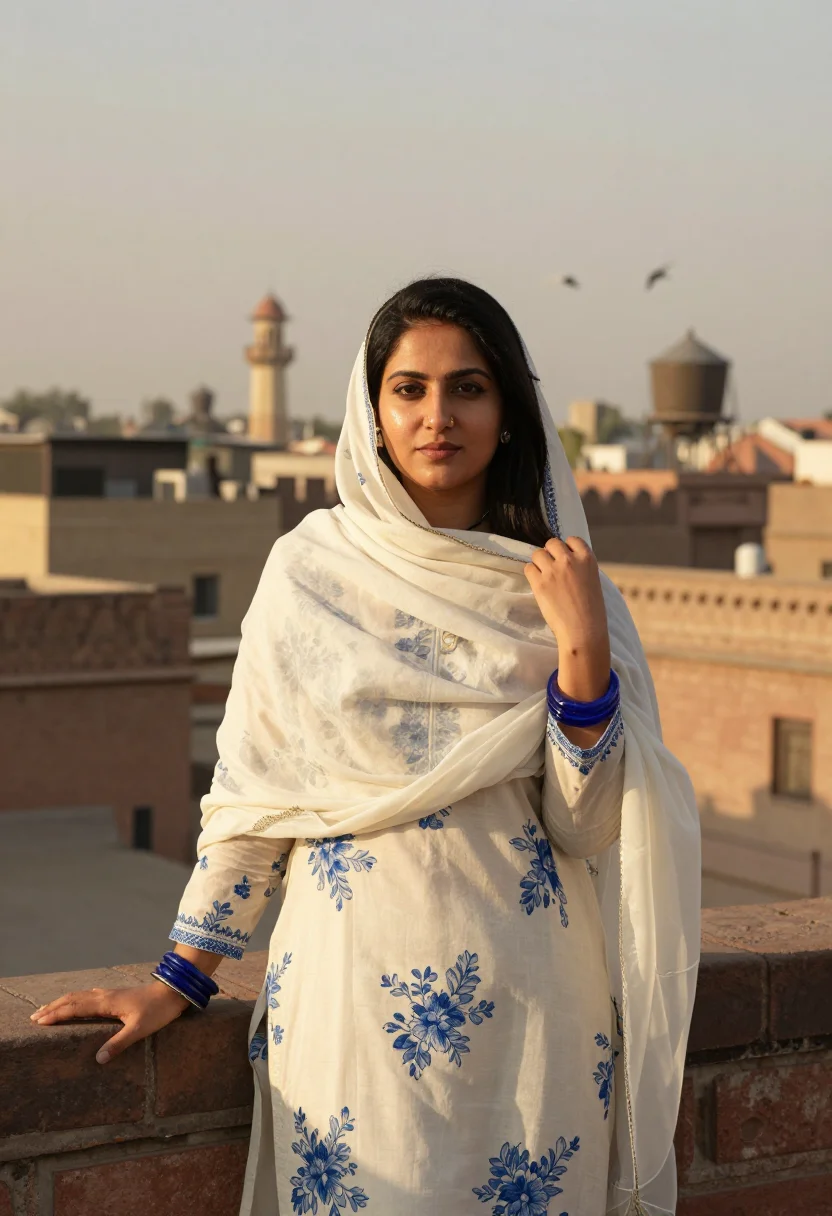 AI lahore lawn sample — portrait of a woman, late-afternoon portrait of a Pakistani