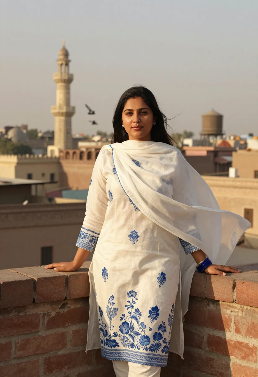 AI lahore lawn sample — portrait of a woman, late-afternoon portrait of a Pakistani