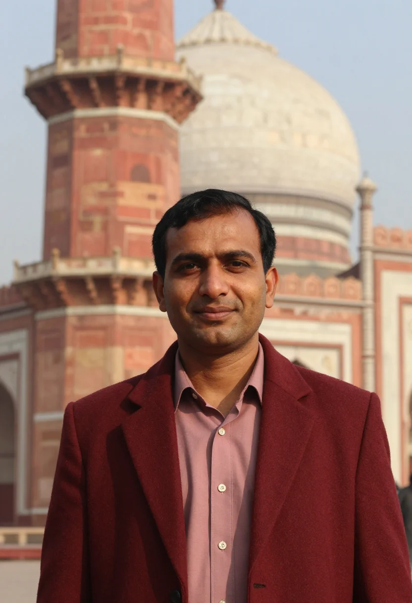AI lahore mosque conservator red sandstone sample — portrait of a man, a conservator in his early forties with g