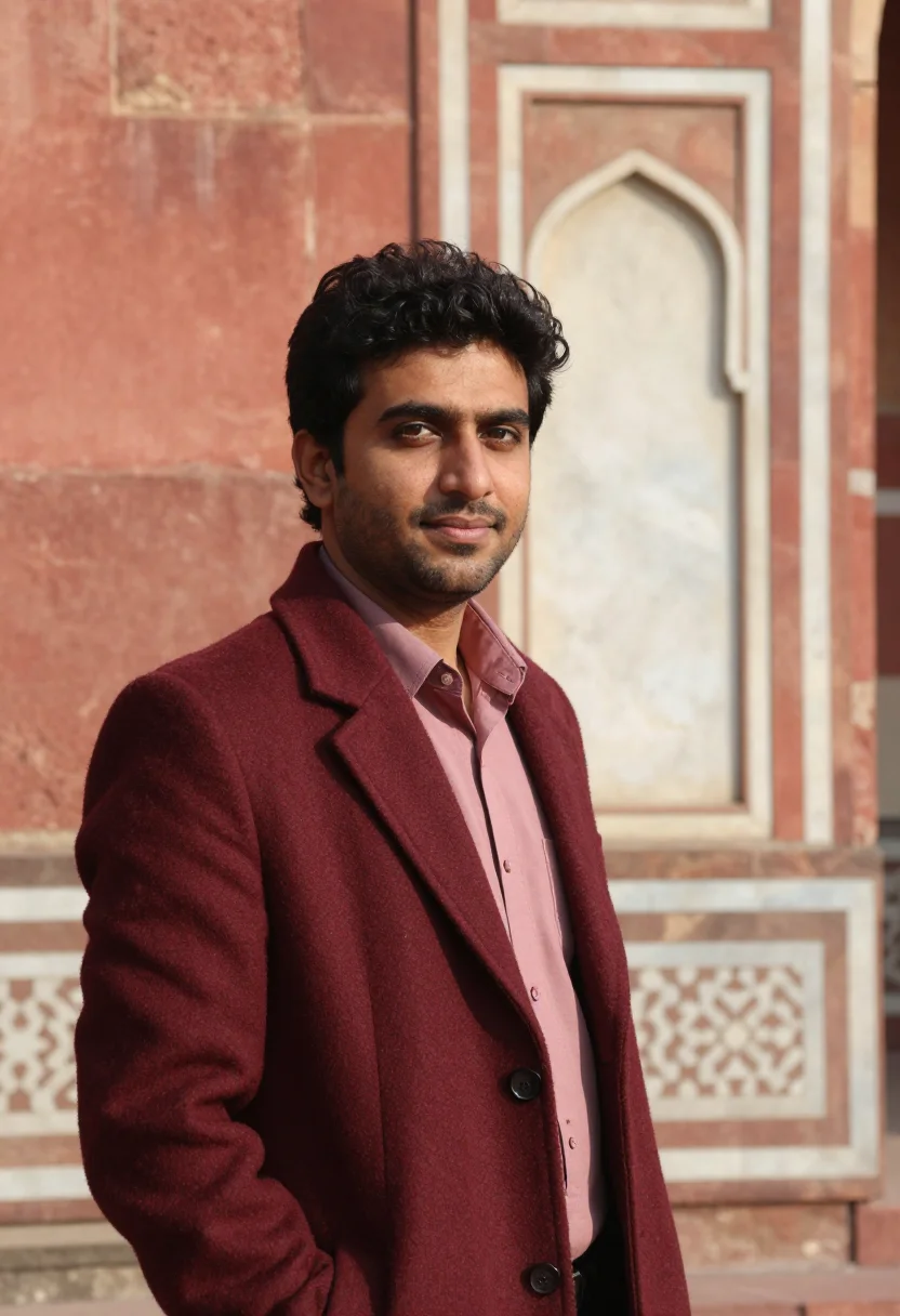 AI lahore mosque conservator red sandstone sample — portrait of a man, a conservator in his late thirties with o