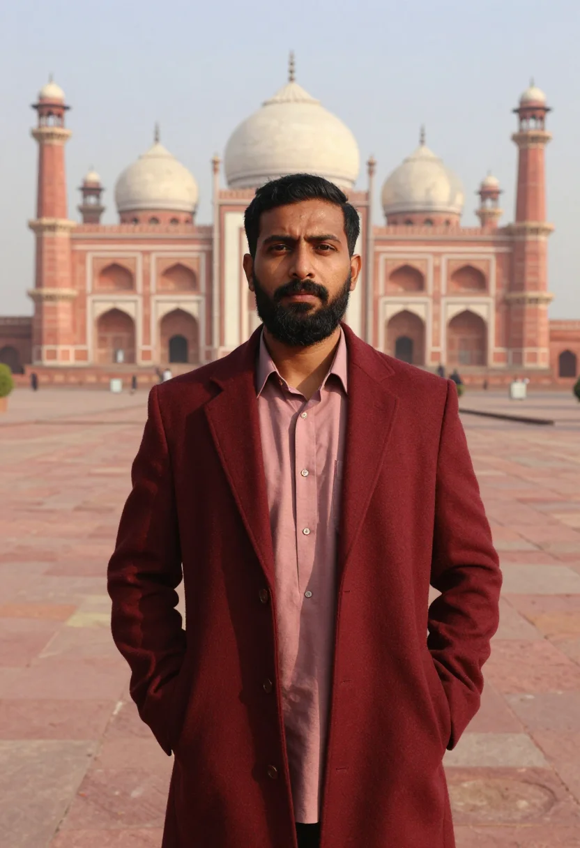 AI lahore mosque conservator red sandstone sample — portrait of a man, a conservator in his mid-forties with dee