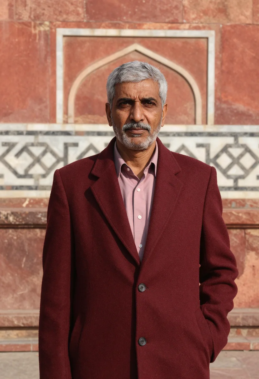 AI lahore mosque conservator red sandstone sample — portrait of a man, a conservator in his late fifties with de