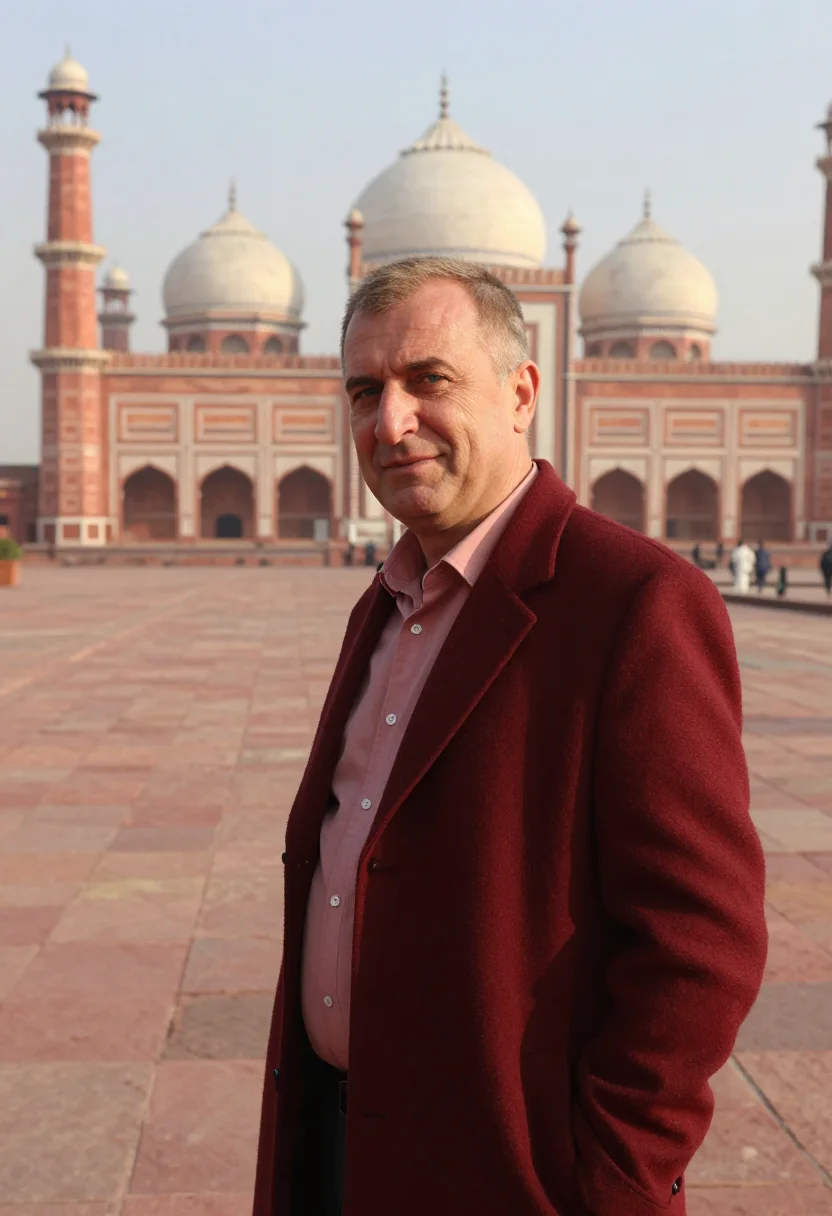 AI lahore mosque conservator red sandstone sample — portrait of a man, a conservator in his fifties with fair sk