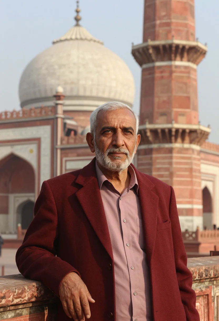 AI lahore mosque conservator red sandstone sample — portrait of a man, a conservator in his early sixties with f