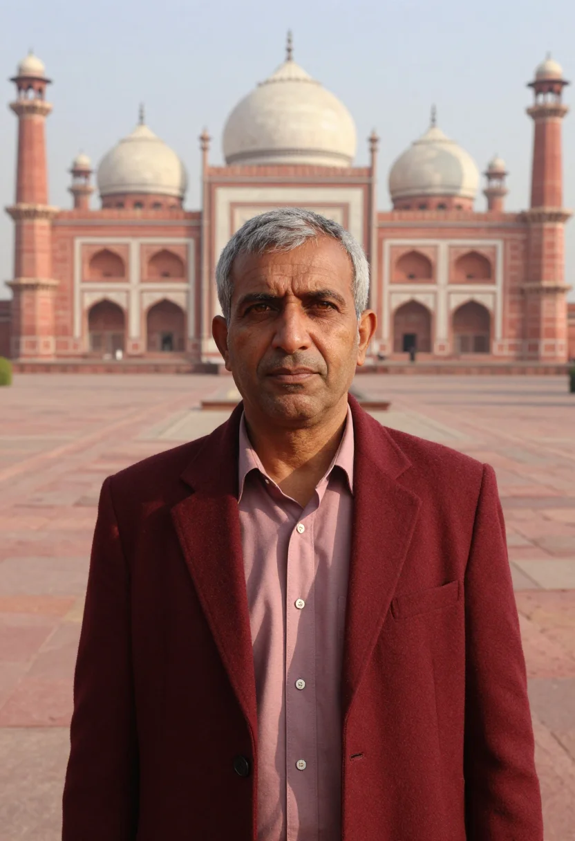 AI lahore mosque conservator red sandstone sample — portrait of a man, a conservator in his late forties with ho