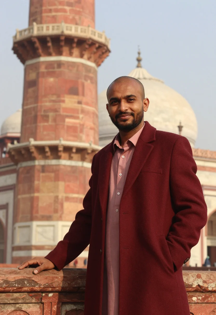 AI lahore mosque conservator red sandstone sample — portrait of a man, a conservator in his mid-thirties with de