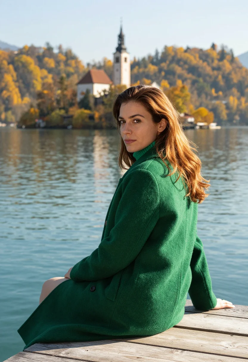AI lake bled emerald gold sample — portrait of a woman, framed three-quarter on the whole seate