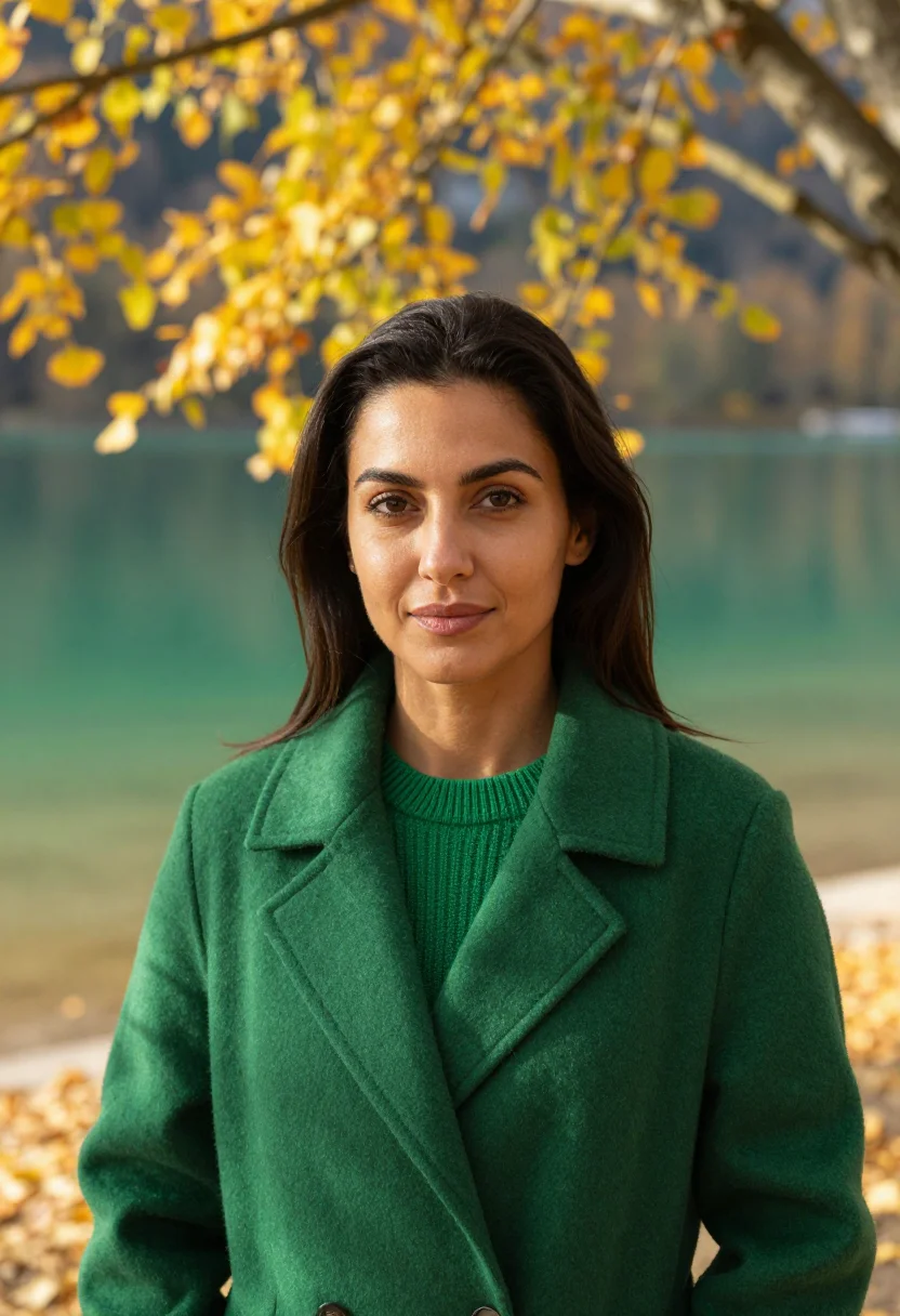 AI lake bled emerald gold sample — portrait of a woman, framed tight, head and shoulders, the b