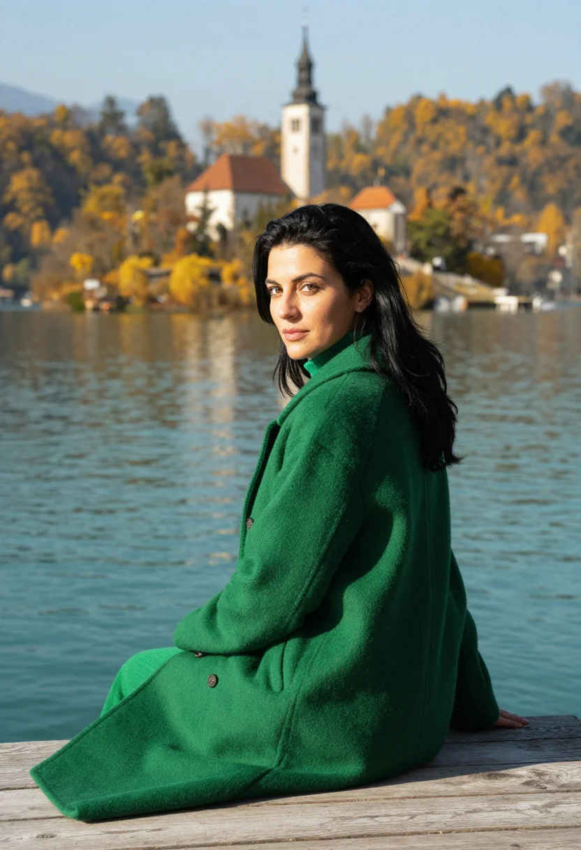 AI lake bled emerald gold sample — portrait of a woman, framed chest-up from the ribs with the