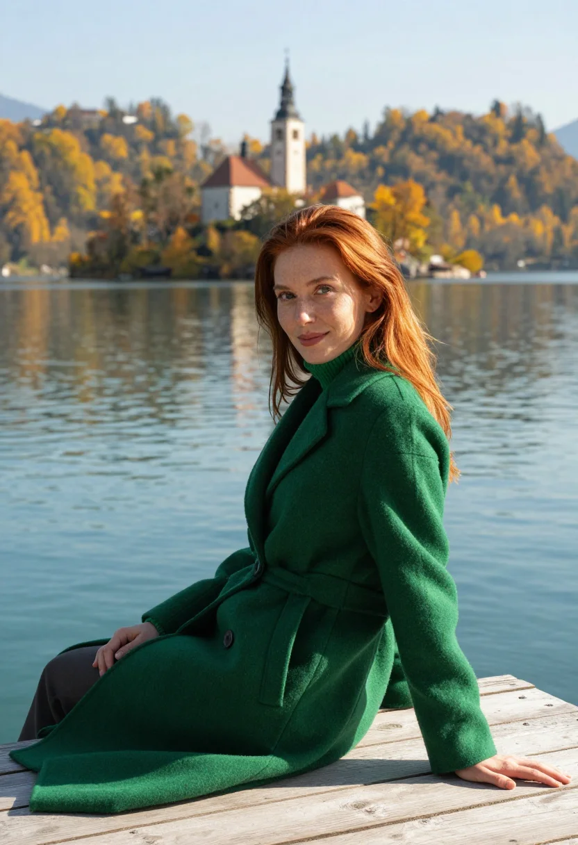 AI lake bled emerald gold sample — portrait of a woman, framed half-length from the waist up, a