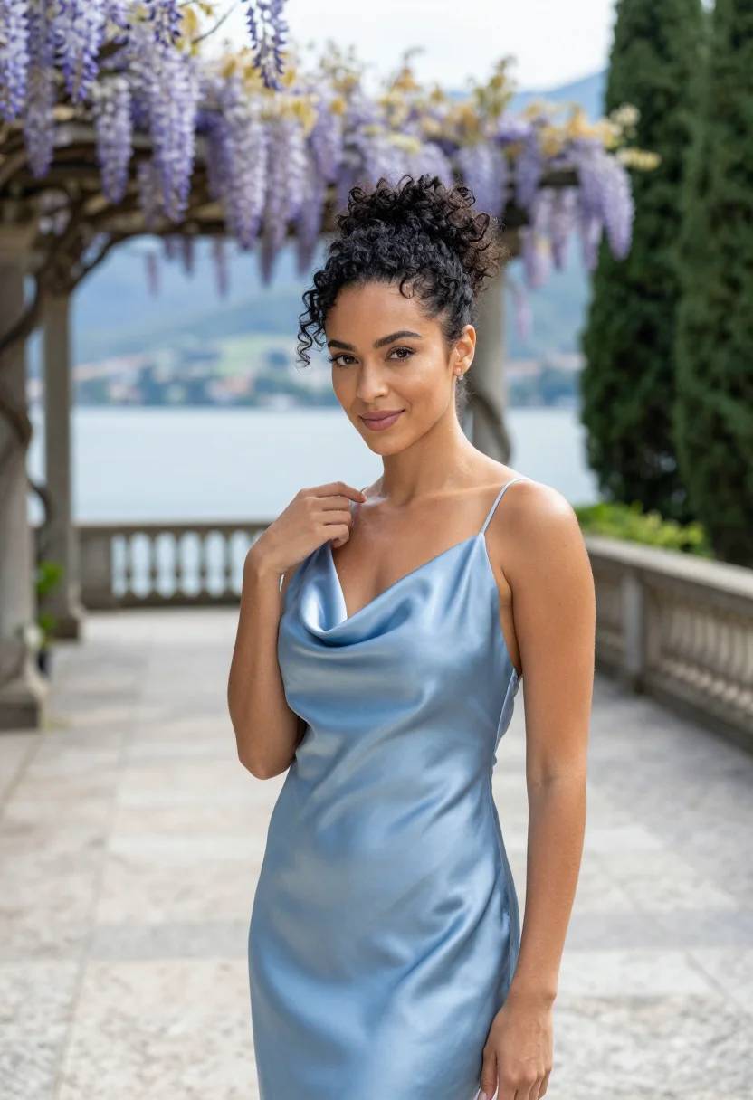 AI lake como wedding guest may blue sample — portrait of a woman, a wedding guest in her late twenties wi