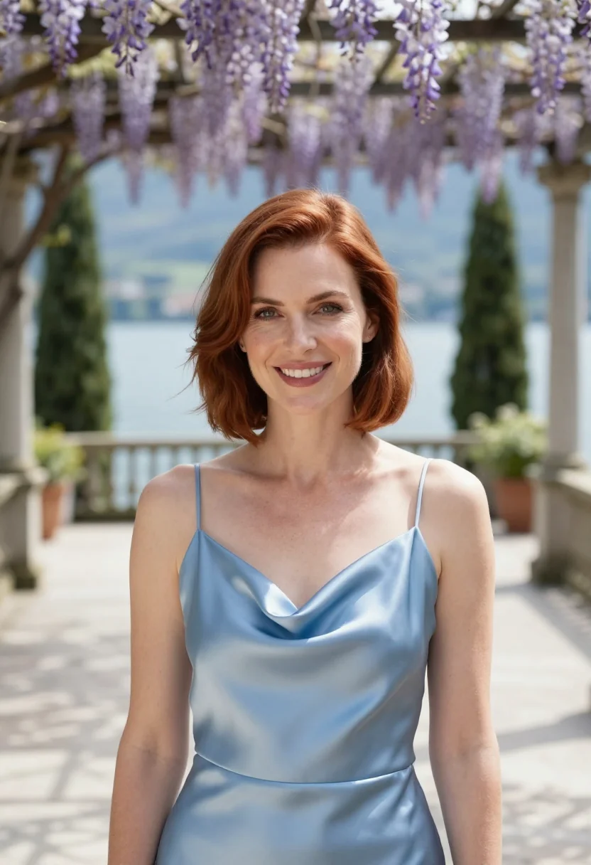 AI lake como wedding guest may blue sample — portrait of a woman, a wedding guest in her early forties wi