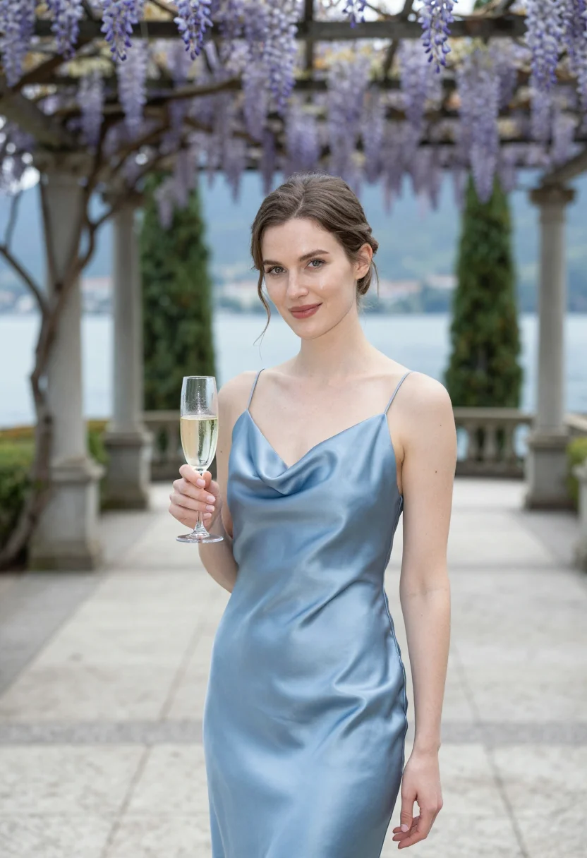 AI lake como wedding guest may blue sample — portrait of a woman, a wedding guest in her early thirties w