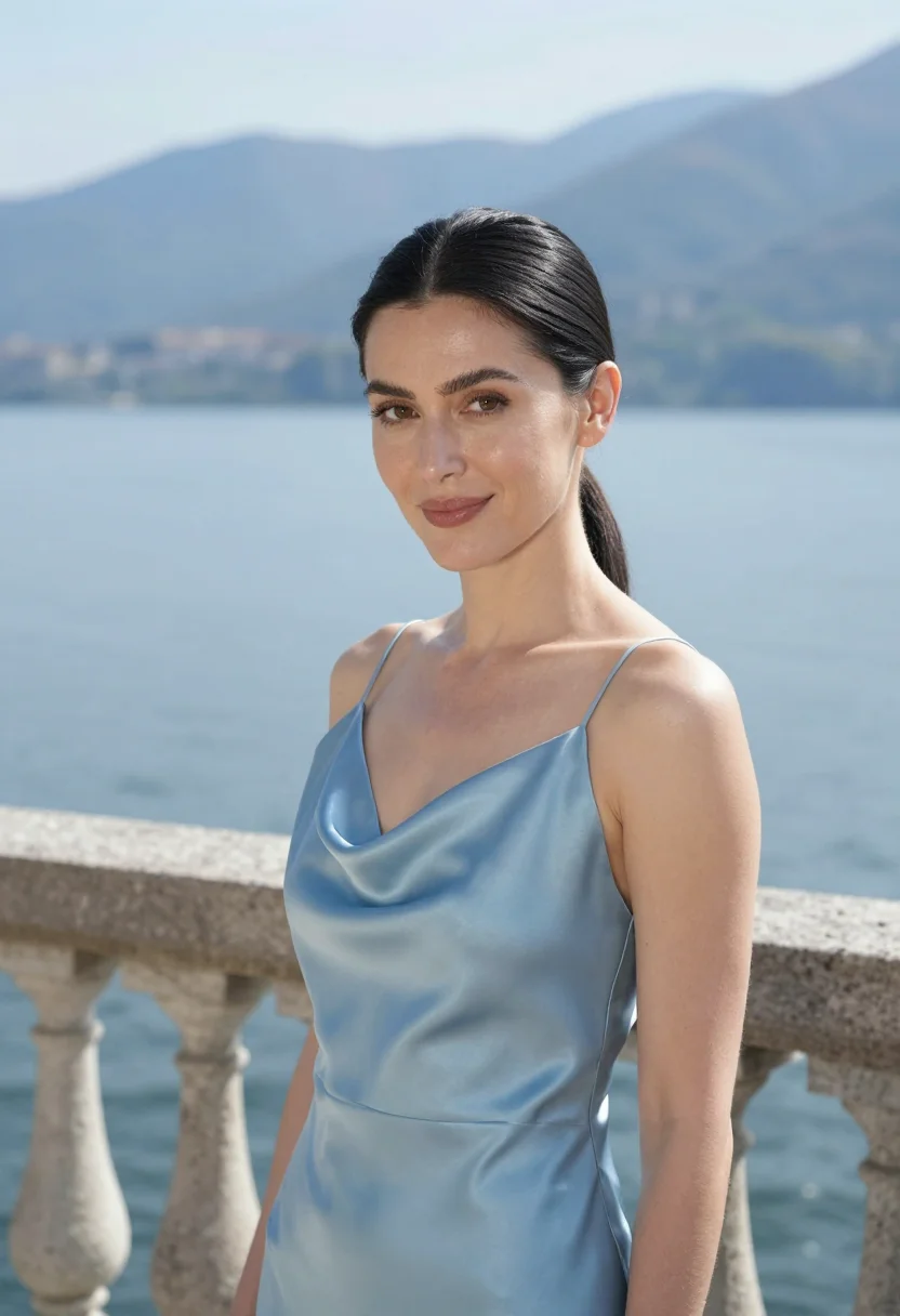 AI lake como wedding guest may blue sample — portrait of a woman, a wedding guest in her mid-thirties wit