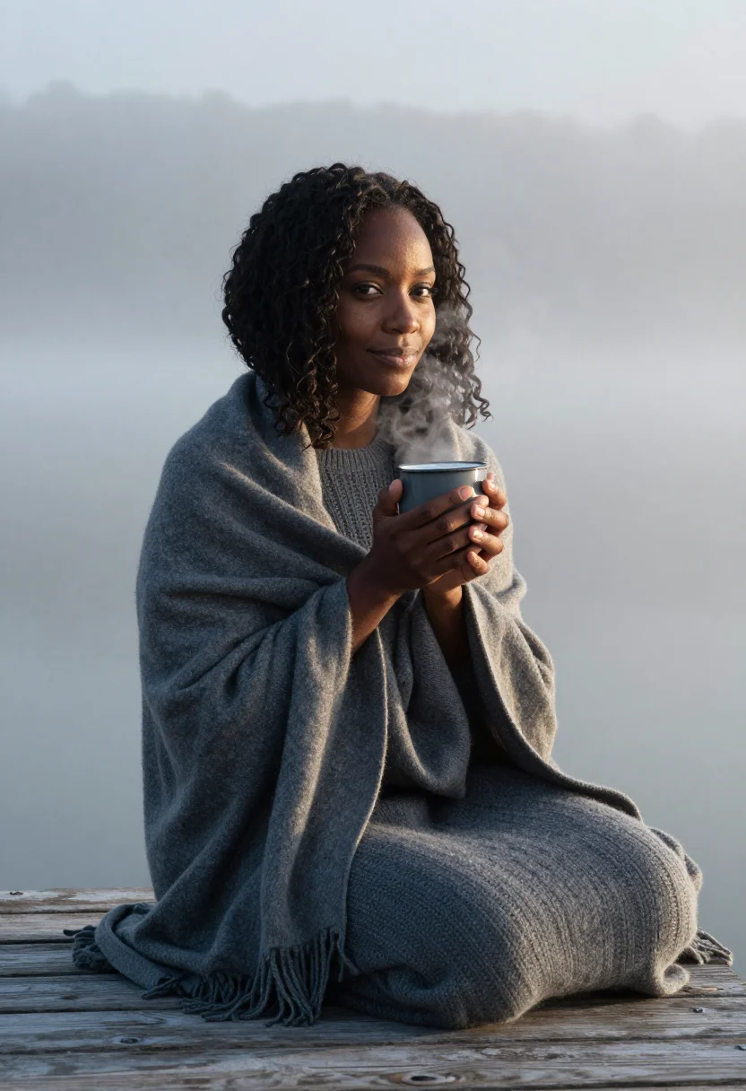 AI lake dock blanket slate sample — portrait of a woman, framed chest-up from the ribs with the